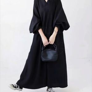 ロングワンピース 長袖 ボリューム袖 ブラック