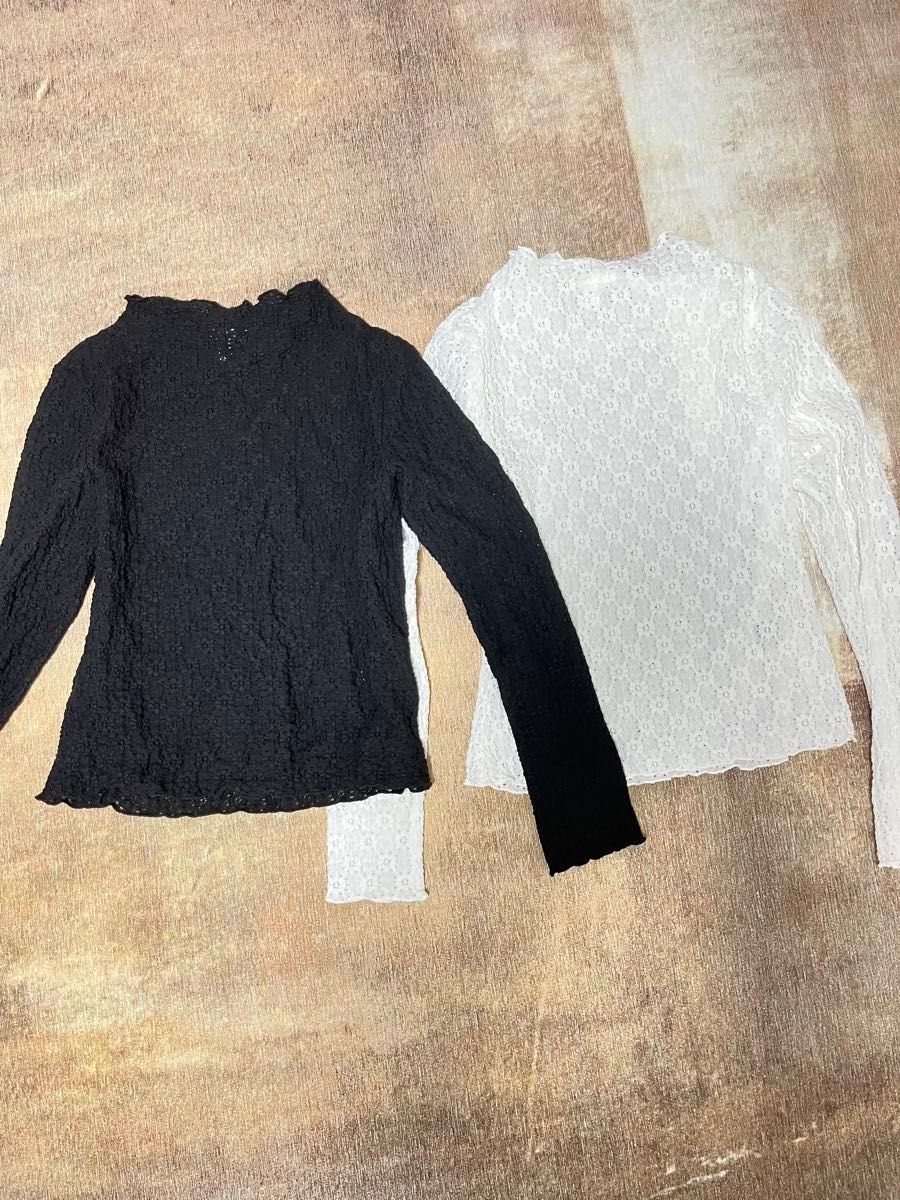 H&M レース トップス チュニック 長袖 カットソー シースルー ホワイト ブラック 白黒 フリル