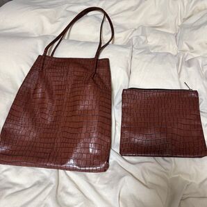 クロコ型押し トートバッグ ポーチ付き ブラウン 2点セット
