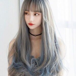 フルウィッグ グレー×インナーブルー