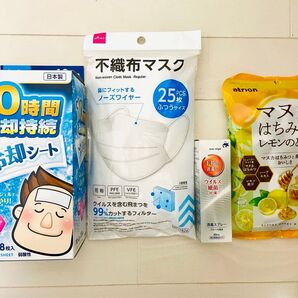 【風邪・感染症予防】【新品未開封】【値下げ交渉◯】【謝礼付き】冷却シート 不織布マスク 消毒スプレー のど飴 4点セットまとめ売り