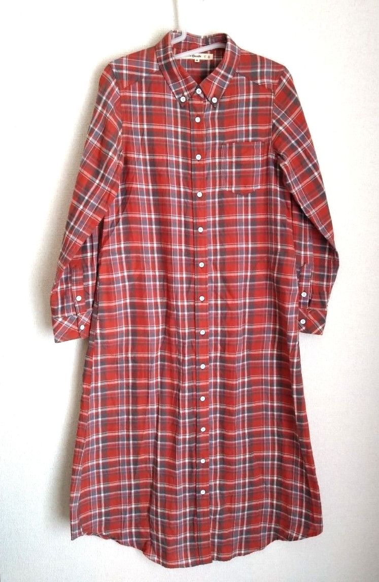 CutieBlonde チェック柄シャツワンピース M 前開き　オレンジレッド 長袖シャツ ロング丈　ロングワンピース