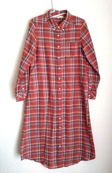 CutieBlonde チェック柄シャツワンピース M 前開き オレンジレッド 長袖シャツ ロング丈 ロングワンピース