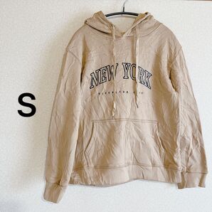 美品★ NEW YORK プリント パーカー 【S】 ベージュ 裏起毛 海外古着 輸入古着