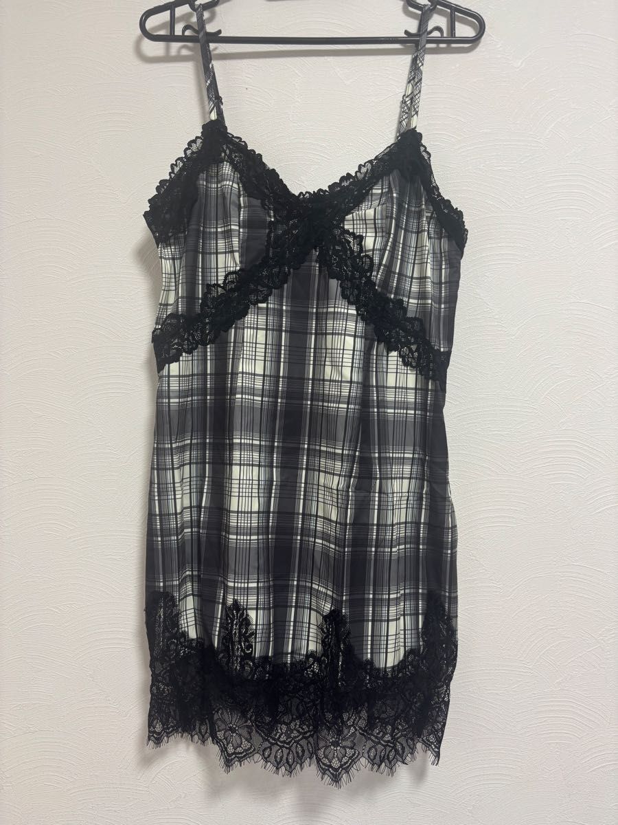 キャミソール ワンピース キャミワンピ チェック柄 レース 黒 白