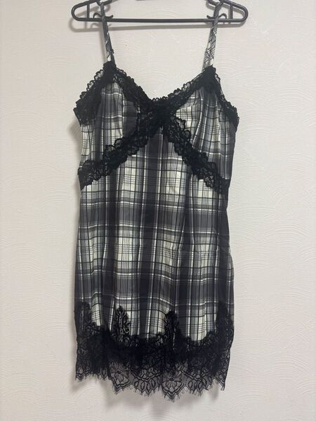 キャミソール ワンピース キャミワンピ チェック柄 レース 黒 白
