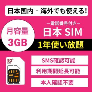 プリペイドSIM 3GB/月 1年間有効 | 電話番号付き・国内/海外受信可能 SMS認証OK | 楽天回線 5G/4G-LTE