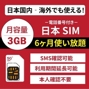 プリペイドSIM 3GB/月 6ヶ月間有効 | 電話番号付き・国内/海外受信可能 SMS認証OK | 楽天回線 5G/4G-LTE