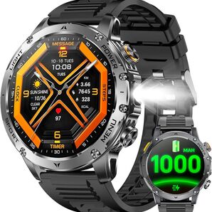 【1000mAhバッテリー】 スマートウォッチ 軍用規格 丸型 Bluetooth5.3 通話機能付き LEDライト 懐中電灯