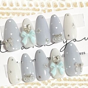 ネイルチップ現品量産系フレンチガーリースナ系韓国ワンホンちゅるん青水色ブルーグレードットスキニーオーバルアーモンドリボン水玉