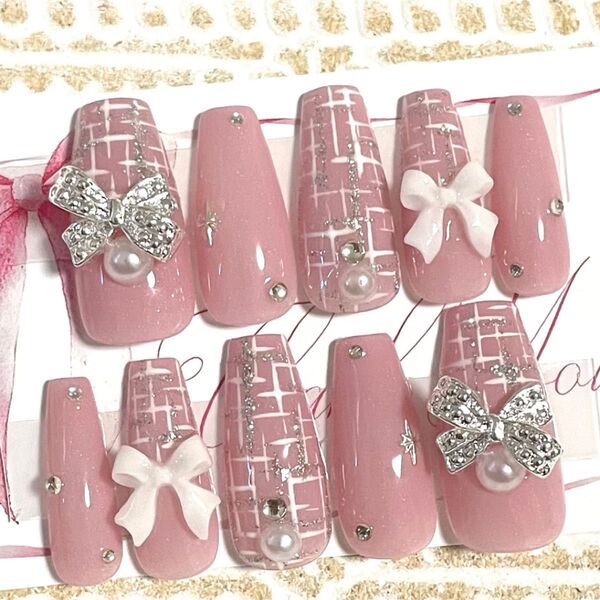 ネイルチップ現品量産系フレンチガーリースナ系韓国ワンホンちゅるんツイードちゅるんくすみピンク白秋冬ロングバレリーナリボン