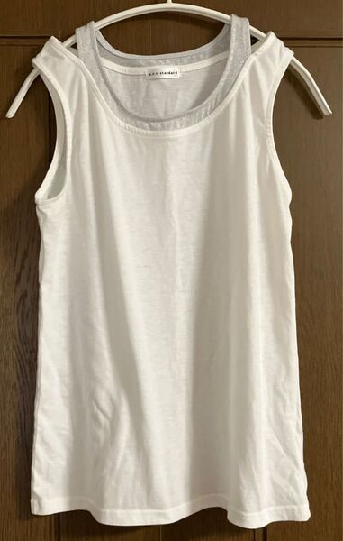 A.V.V standard レイヤード タンクトップ ノースリーブ 白 ラメグレー 重ね着風 Lサイズ