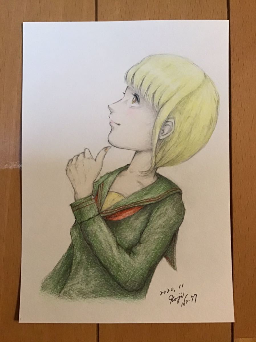 Handwritten illustration girl ★Girl in sailor suit NO.77 ★Pencil Colored pencil Ballpoint pen ★Drawing paper ★Size 16.5 x 11.5cm ★New, comics, anime goods, hand drawn illustration