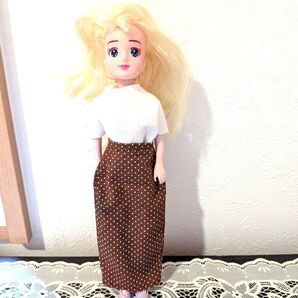 服とスカートも身に着けていて身長約22cmの着せ替え人形の女の子 使用済み 髪の毛の長さがバラバラの子