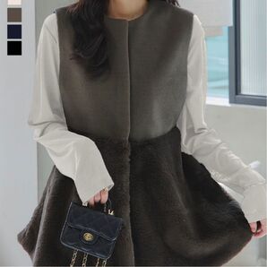 神戸レタス ペプラムファーベスト レディース 異素材ミックス ボリュームファー 羽織り 秋冬 高見え 上品 おしゃれ