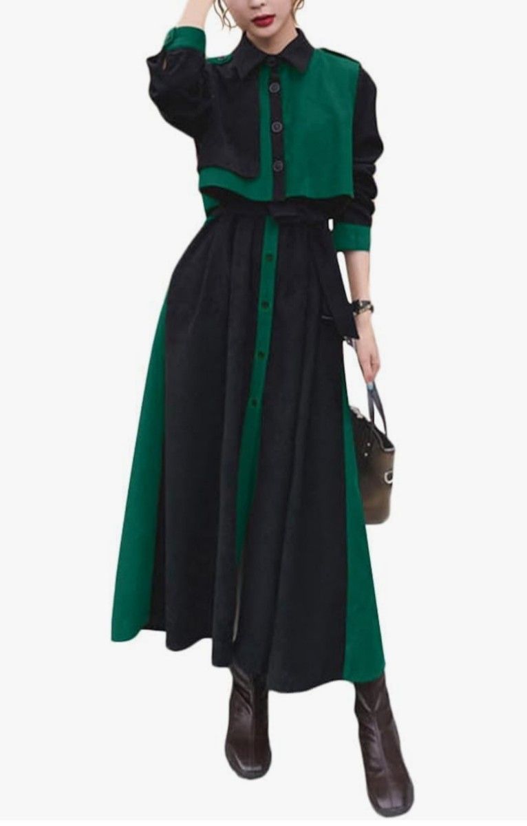 最終価格！！バイカラー ベルト付き ロング丈 グリーンブラック 切替配色 Aラインワンピース ベストボレロ付き [Ｍｉｎｅｓａｍ]