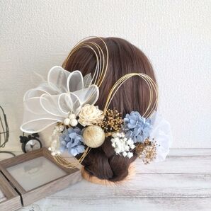 髪飾り ヘッドドレス ドライフラワー*結婚式 成人式 卒業式 振袖 袴~ソラダリア ボリュームリボン パール~ブルー 青 20本