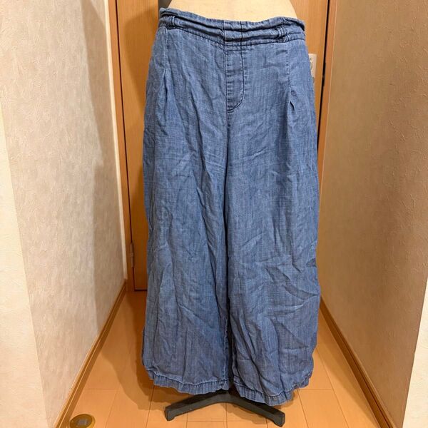デニム風ワイドパンツ ガウチョパンツ ブルー カジュアル