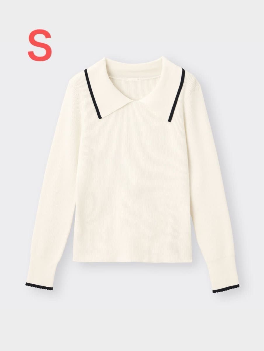 GUジーユー★人気完売！襟付きリブバイカラーセーター／レーヨンニット／長袖カットソー／襟付きニット★オフホワイト白／Sサイズ