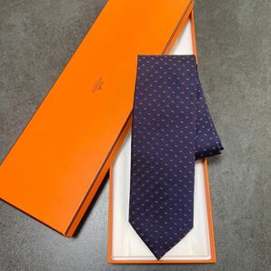 エルメス HERMES ネクタイ ネイビー シルク H柄