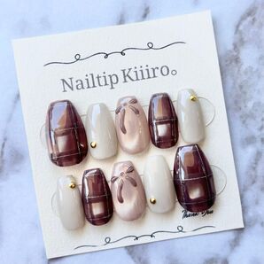 17【オーダーメイド品】ネイルチップ リボン 秋冬 チェック マグネット