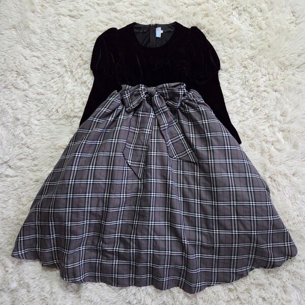 Catherine Cottage フォーマル ワンピース 150 チェック ベロア リボン付き 発表会 結婚式 卒業式 入学式