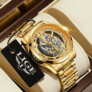 LIGE メンズ 腕時計 自動巻き スケルトン 金367412