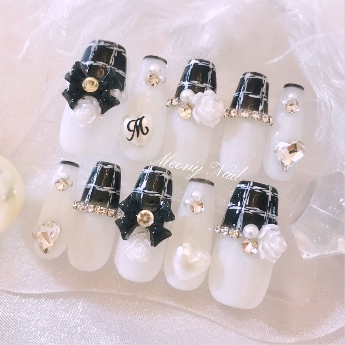 No.80 オーダー 量産型 ワンホン 韓国 フレンチガーリー スナ系 ネイルチップ リボン バラ チェック 推し イニシャル