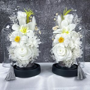 純白のバラと蘭のプリザーブド仏花♪清らかな供養花セット☆クリアドーム付き プリザーブドフラワー 一対仏花 お盆 仏花