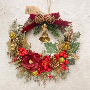 クリスマスリース レッドベルベット&ゴールド 玄関リース 壁飾り アーティフィシャルフラワー リース 玄関リース 北欧 お正月