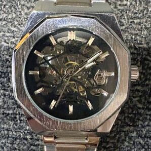 メンズ 腕時計 スケルトン オクタゴン 自動巻き 機械式 シルバー