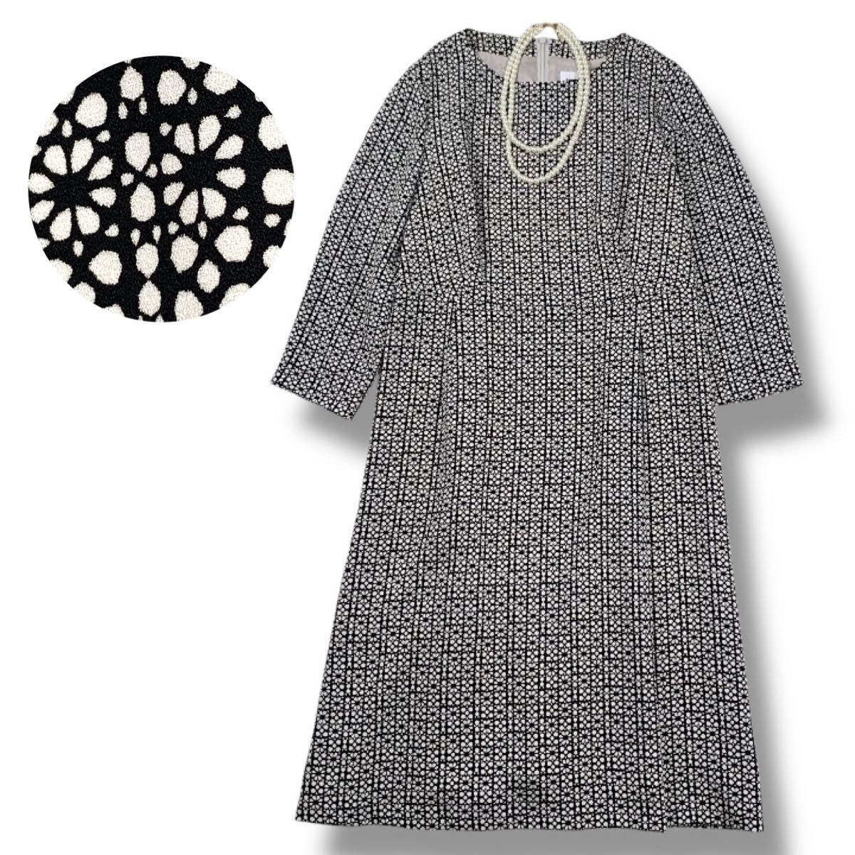 【美品】HANAE MORI 森英恵　和モダン　花柄ワンピース　七分袖　ブラック　38 Mサイズ相当