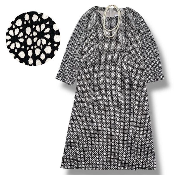 【美品】HANAE MORI 森英恵 和モダン 花柄ワンピース 七分袖 ブラック 38 Mサイズ相当