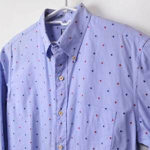 古着●タケオキクチ 長袖シャツ ブルー&ネイビーレッドドット サイズ4 L相当 薄いシミのようなもの有 xwp