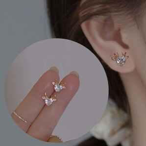 ジルコニア CZダイヤ トナカイ ハート ピアス キラキラ かわいい 可愛い レディース ゴールド スタッド クリスマス おしゃれ