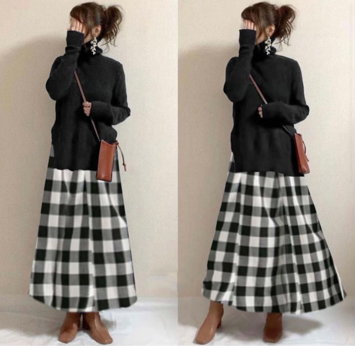 チェック柄 ロングワンピース 黒 ニット ワンピース ニットセーター F タートルネック チェック 着やせ