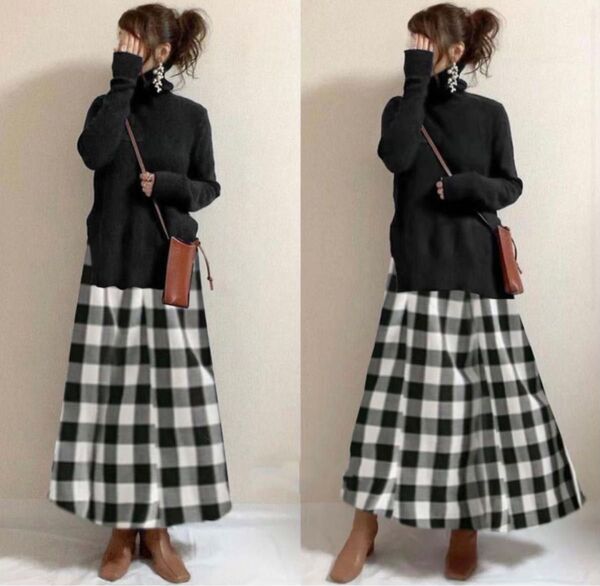 チェック柄 ロングワンピース 黒 ニット ワンピース ニットセーター F タートルネック チェック 着やせ