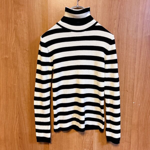 【SECESSION】長袖リブニット タートルネック ボーダー柄 ストレッチ 白×黒 Mサイズ