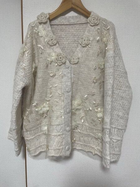 花モチーフ ニットカーディガン Vネック ライトグレー 刺繍 セット XL