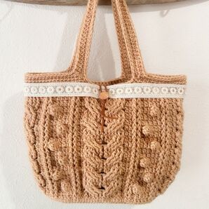 アラン編み ニット バッグ インド刺繍リボン ハンドメイドバッグ 毛糸バッグ かぎ針編み 手編み キャメル
