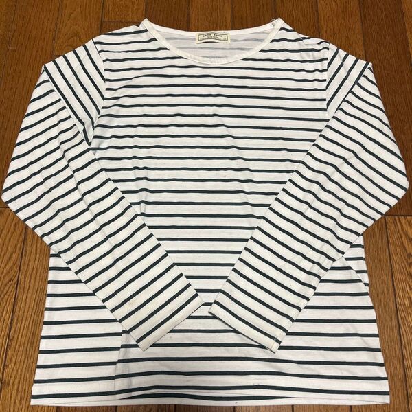 レディース ボーダー ロンT 長袖Tシャツ ホワイト ダークグリーン M