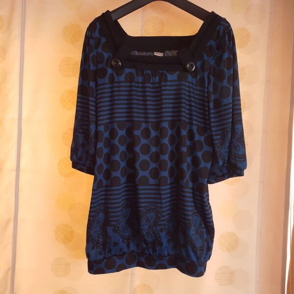 M cute トップス チュニック 青 ブルー 水玉 ボーダー エムキュート ドット柄 ブラウス ワンピース ネイビー