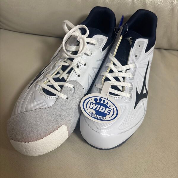 【お得】(P革付)ミズノ 野球スパイク ライトレボバディー ワイド 白 ネイビー 24.5センチ