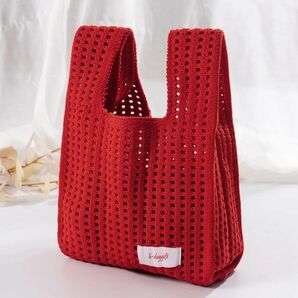 ミニ 軽量 折りたたみ 赤 ホロ編み ハンドバッグ バケーション 母の日 ギフト マイバッグ コンパクト レディース625891