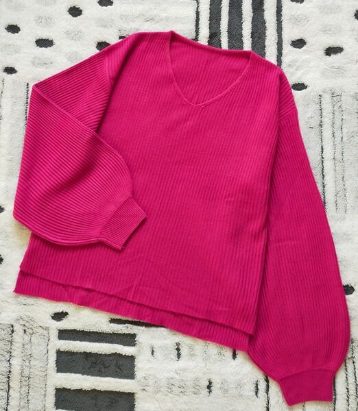 【Vネック ニット】リブ/トップス☆ピンク/マゼンタ☆バルーン袖☆丈短め☆M☆美品