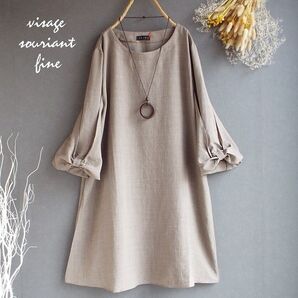 新品未使用ワンピース レディース ゆったり Aライン 袖リボンチュニックs3044