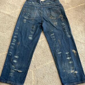 ダボッチ 40×34 ペイント 大きいサイズ ワイドバギー デニム インディゴブルー 刺繍 DAVOUCCI ジーンズ ダメージ