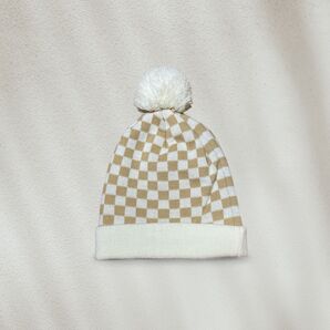 市松模様チェッカー柄ニット帽ホワイトベージュウィンタースポーツアウトドアストリートユニセックスポンポン