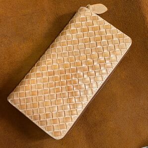新作品 ブラウン ハンドメイド 新品 ブライドレザー ヌメ革/本革 編み込み メンズ財布 長財布 ラウンドファスナー 人気