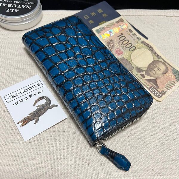一枚革 最高級藍染めクロコダイル長財布 デニムのよう ワニ革 鰐